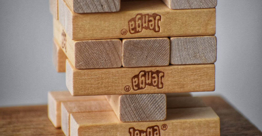 Closeup of wooden blocks placed on top of each other for playing board game