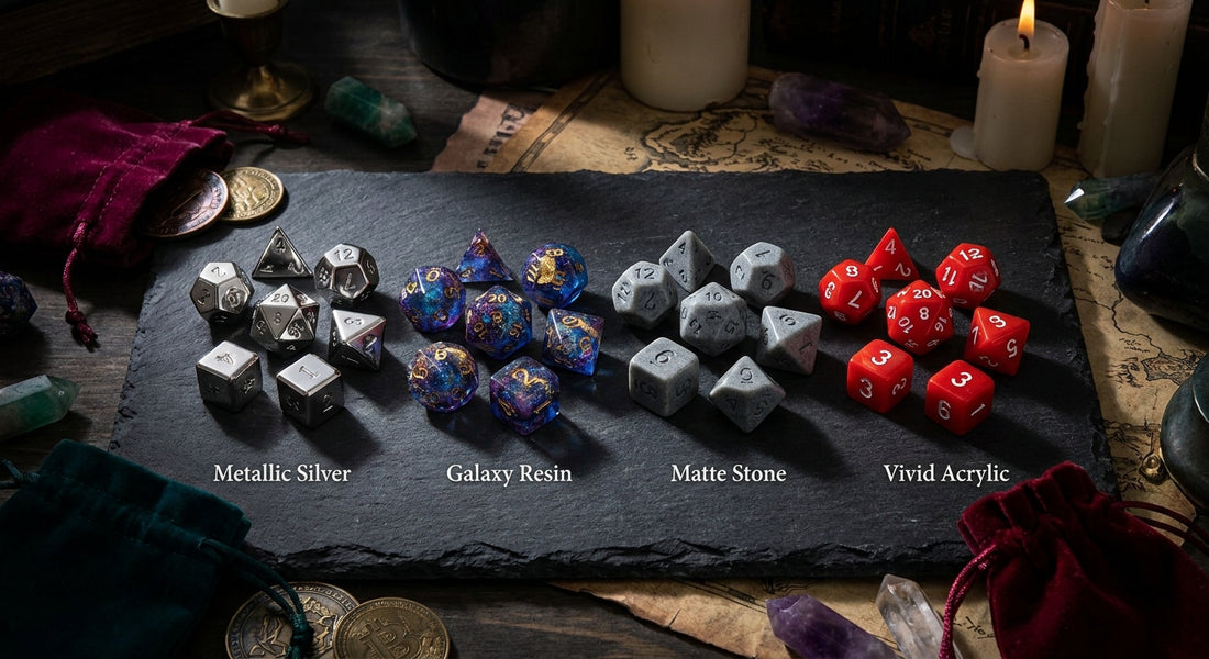Four polyhedral dice sets made from different materials — metal, resin, stone, and acrylic — arranged dramatically on a dark slate surface under moody studio lighting.