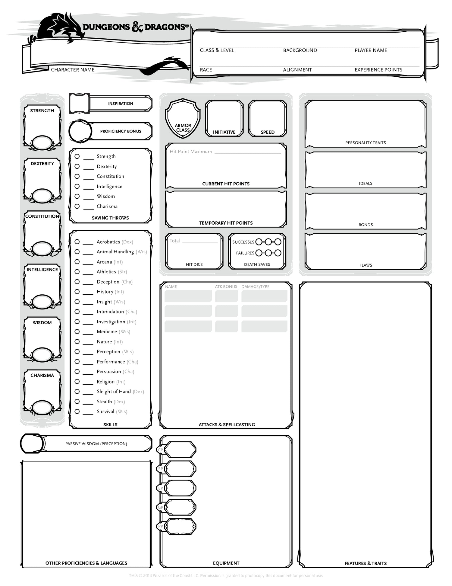 DnD 5e characters sheet free pdf download