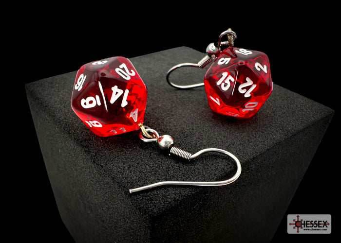 Hook Earrings Translucent Red Mini-Poly d20 Pair - 