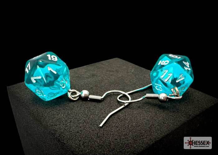 Hook Earrings Translucent Teal Mini-Poly d20 Pair - 