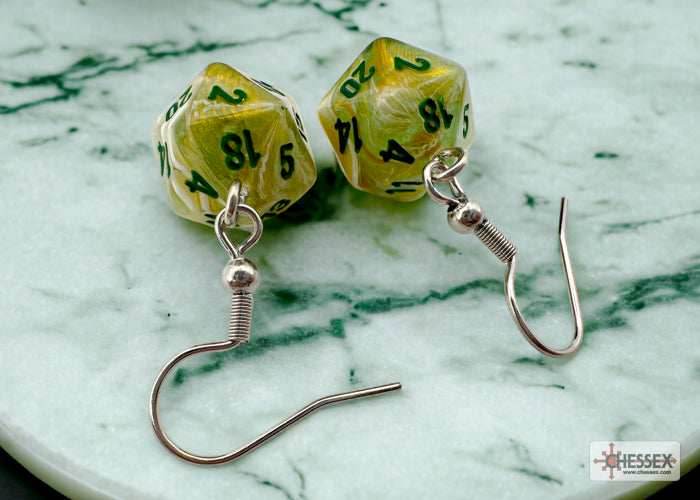 Hook Earrings Marble Green Mini-Poly d20 Pair - 