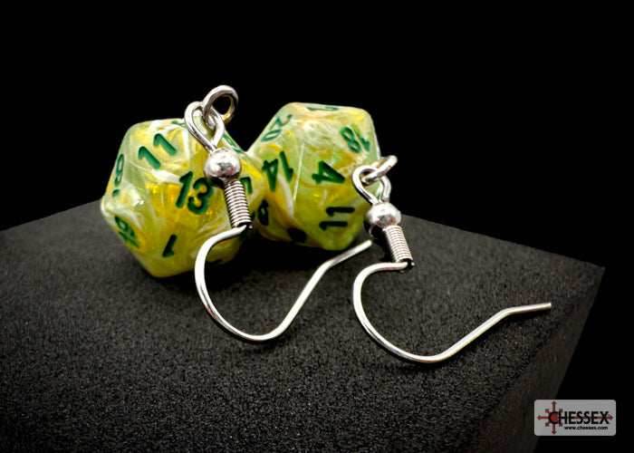Hook Earrings Marble Green Mini-Poly d20 Pair - 