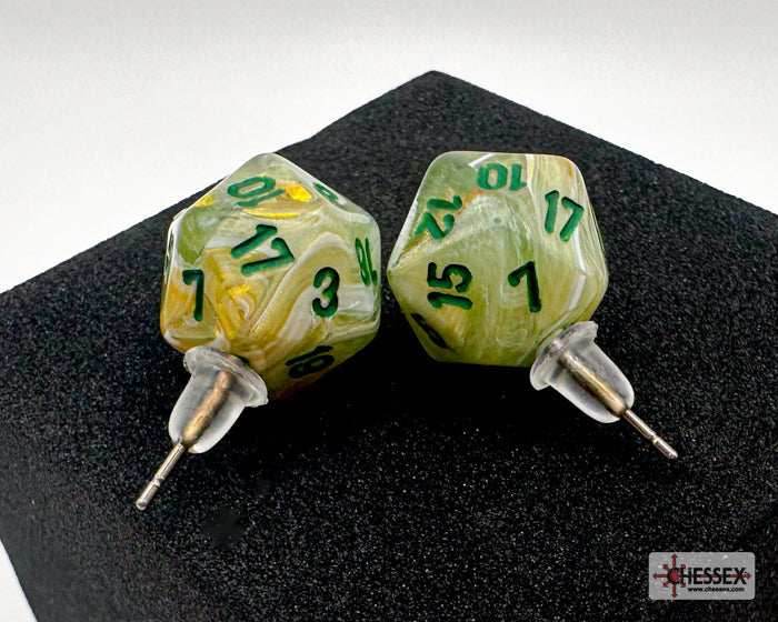 Stud Earrings Marble Green Mini-Poly d20 Pair - 