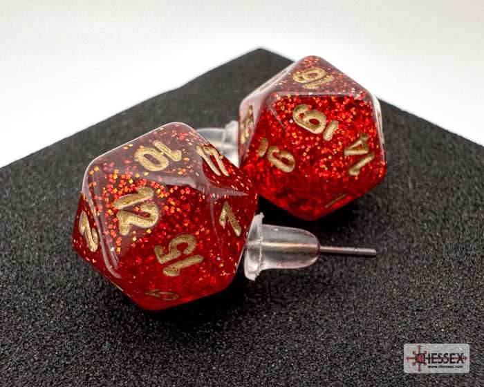 Stud Earrings Glitter Ruby Mini-Poly d20 Pair - 