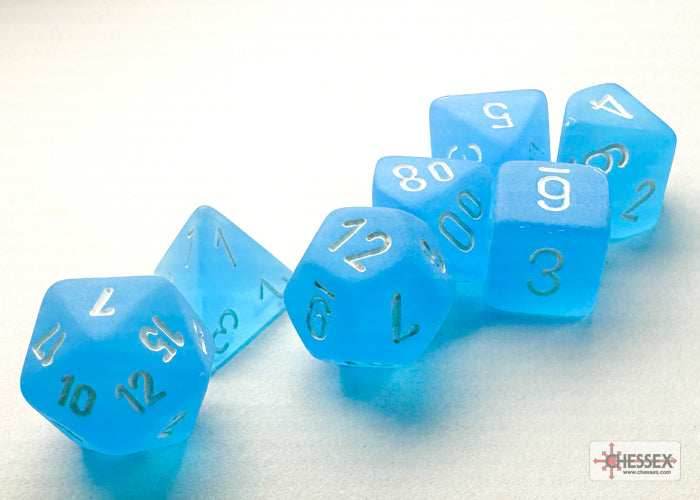 Frosted Caribbean Blue/white Mini-Polyhedral 7-Die Set (Mini Poly Release 3) - 