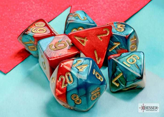 Gemini Red-Teal/gold Mini-Polyhedral 7-Die Set (Mini Poly Release 3) - 