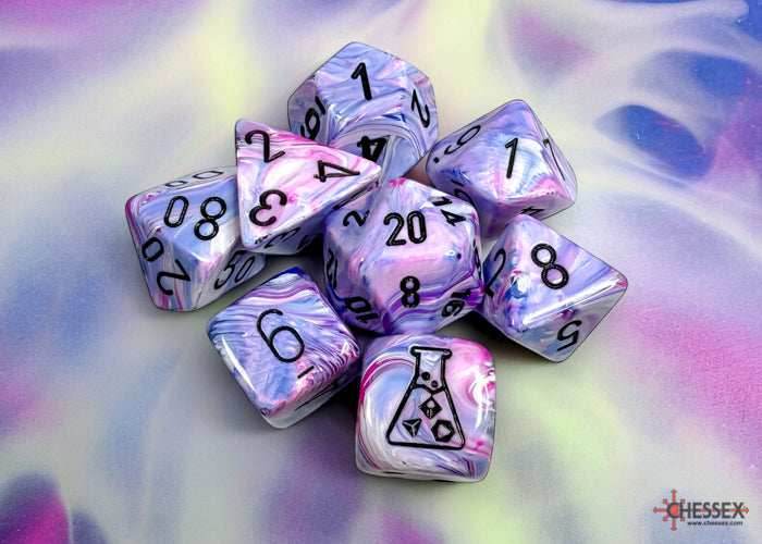 Festive Hydrangea/black Polyhedral 7-Dice Set (with bonus die) - 