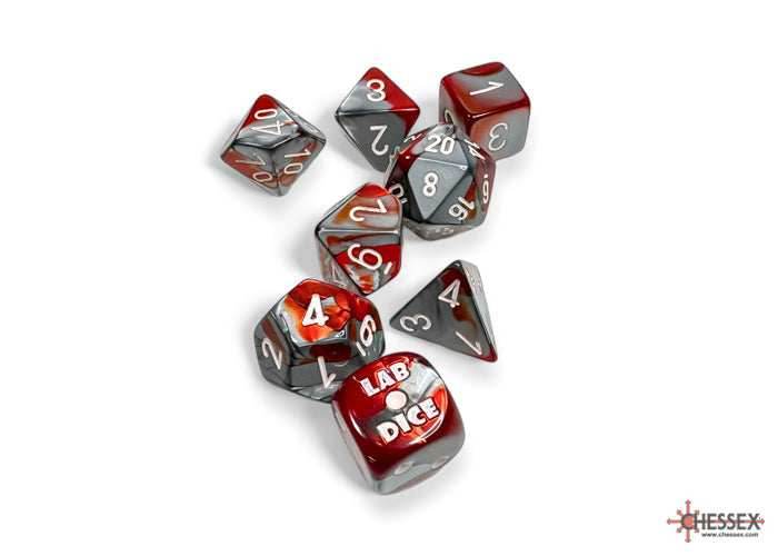 Gemini Red-Steel/white Polyhedral 7-Dice Set (with bonus die) - 