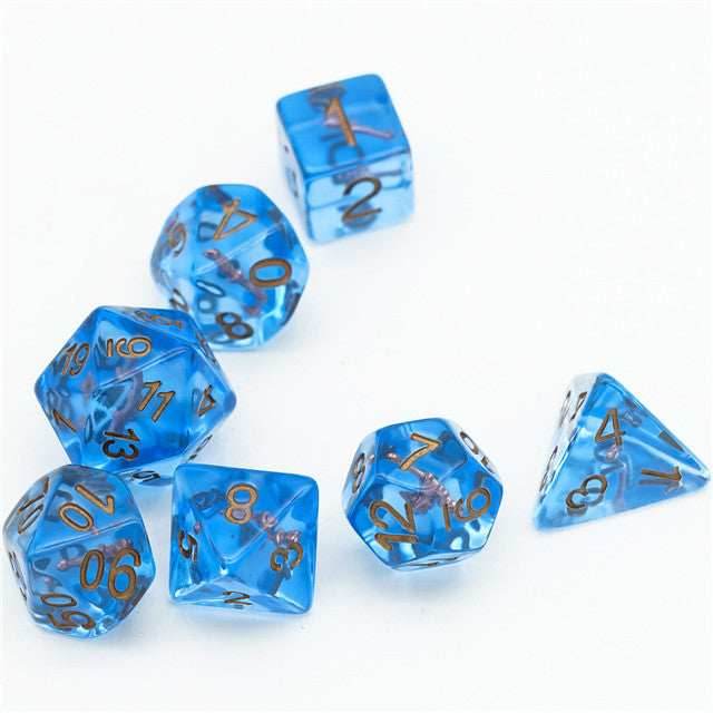 Wizard (Magic Wand) Clear Blue Dice w/ Golden Wand 7-Dice Set Rpg - 