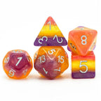Orange Yellow Purple Glitter Layer 7-Dice Set w/Silver Numbers - 