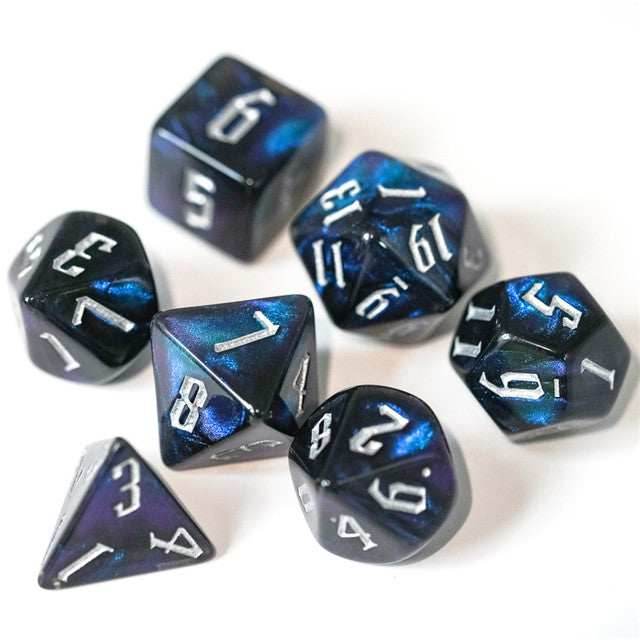 Glitter Party Black Glitter Dice (White font) 7-Dice Set - 