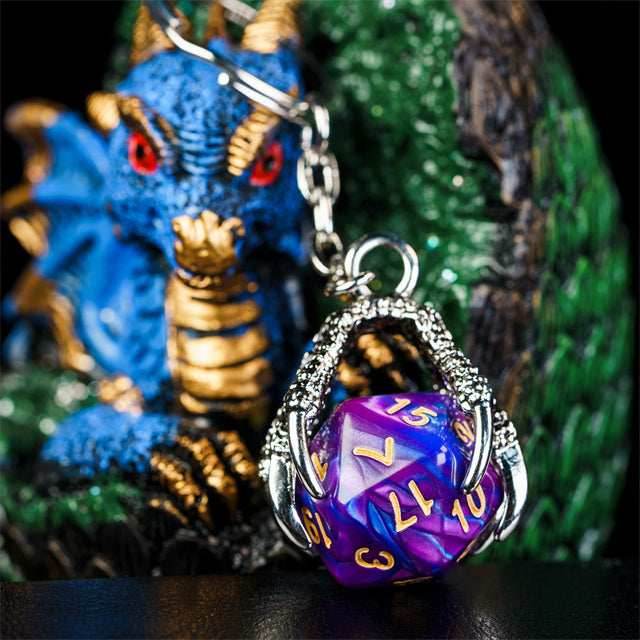 Claw Blended Purple D20 Keychain Featuring Silver Metal Dragon Claw + d20 - 