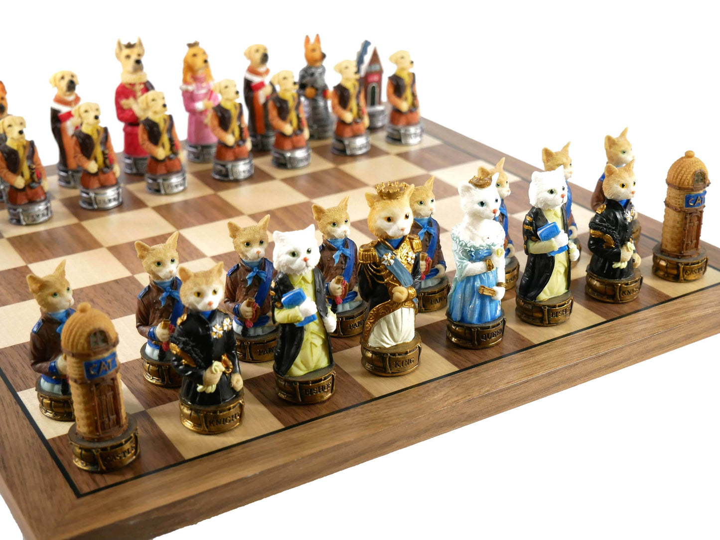 Chess Set - Cats & Dogs Resin Men on Walnut Maple Board - 