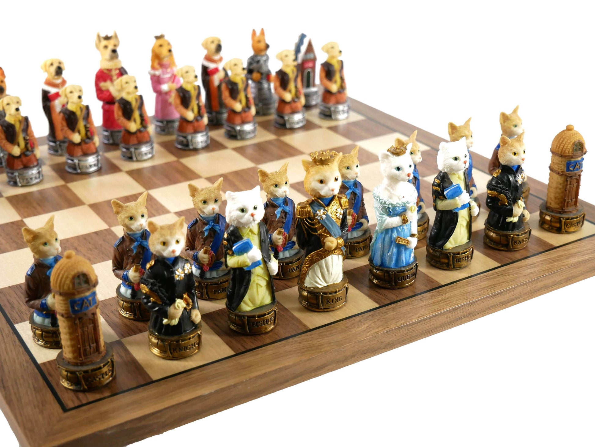 Chess Set - Cats & Dogs Resin Men on Walnut Maple Board - 
