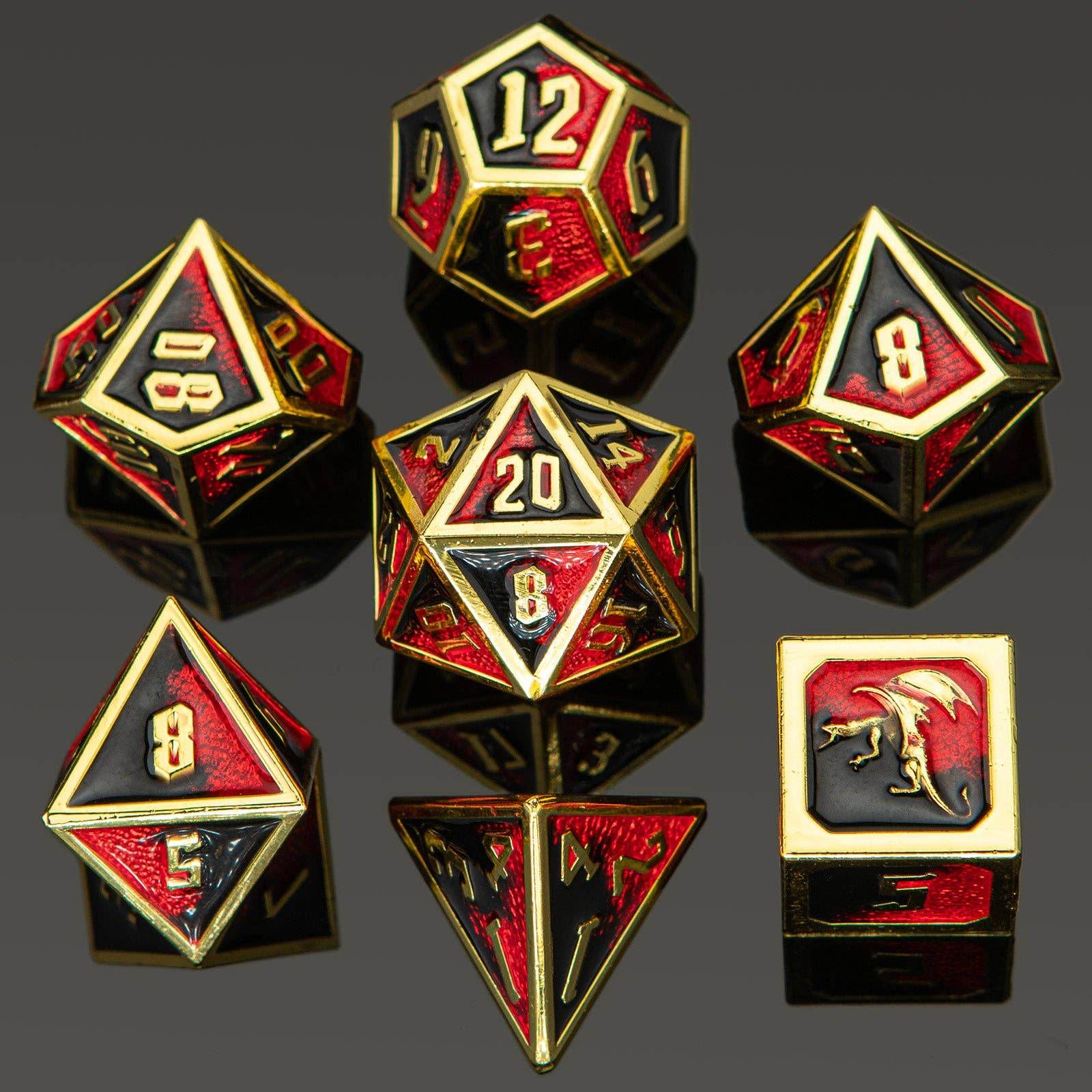 Draconis Solid Metal Polyhedral Dice Set - Gold, Red & Black - 