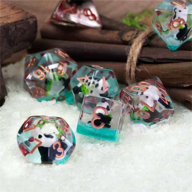 Bamboo Panda on Blue Glitter 7-Dice Set w/Copper Numbers Dnd Dice Set - 