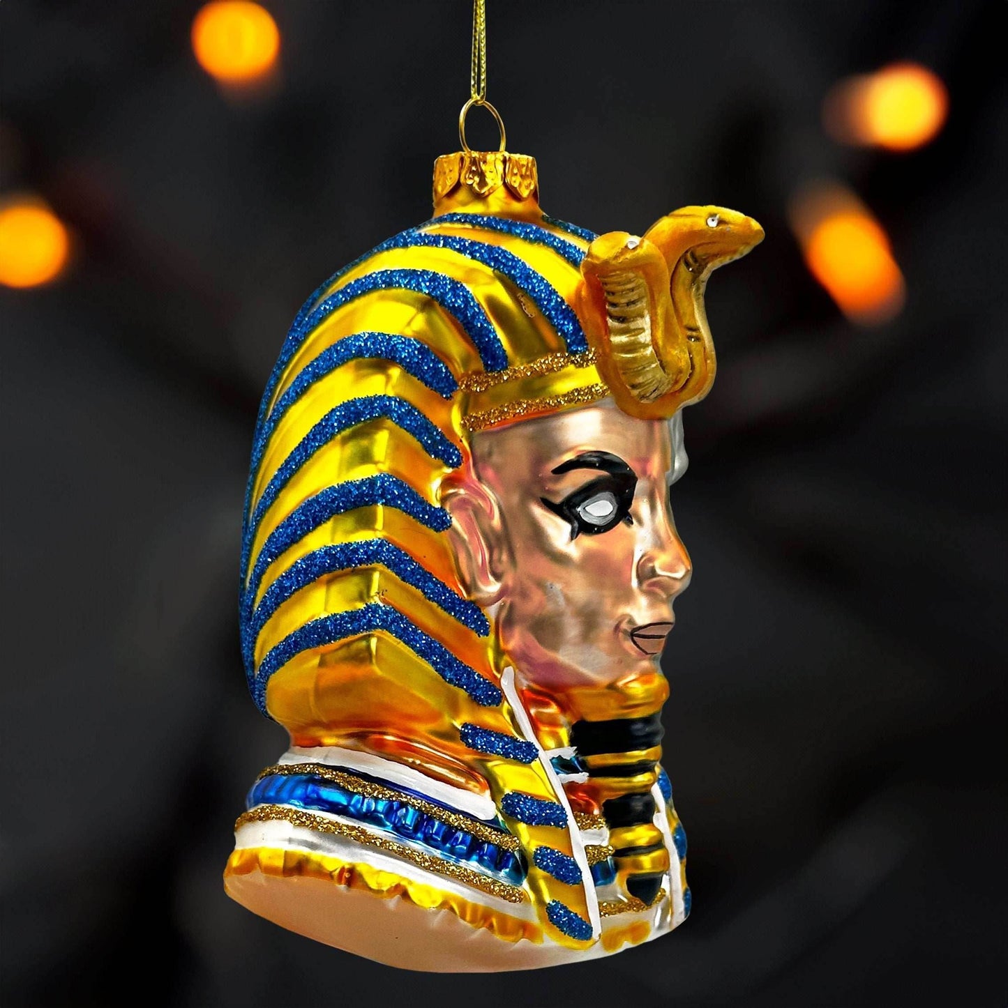 Evil Egyptian Pharoah Half Skull Head Glass Ornament, Gothic Halloween Tree Decor - 