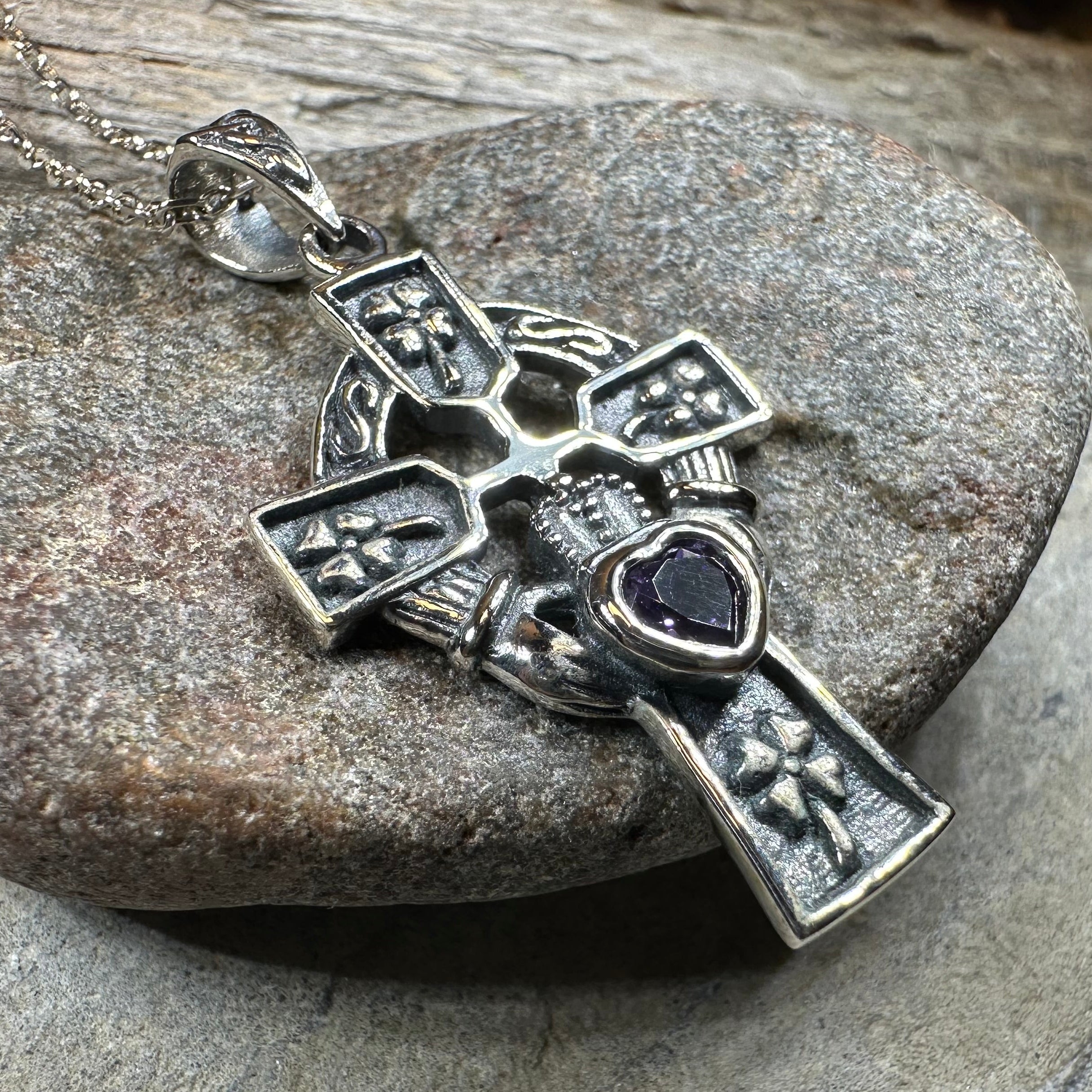 Irish Love Shamrock Claddagh Cross Necklace