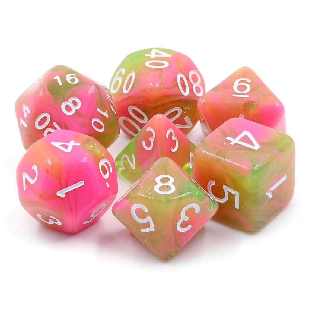 Apple Taffy Lime Green/Pink Glitter/Swirl 7-Dice Set by HendgaDice - 