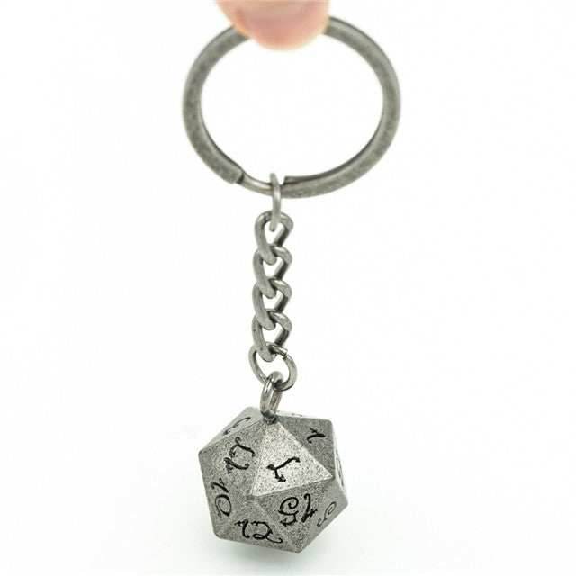 Nickel D20 Keychain Featuring Metal Dragon Font d20 - 