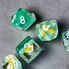 Gold Fish Green 7-Dice Dnd Dice | Glitter w/White Numbers Set - 