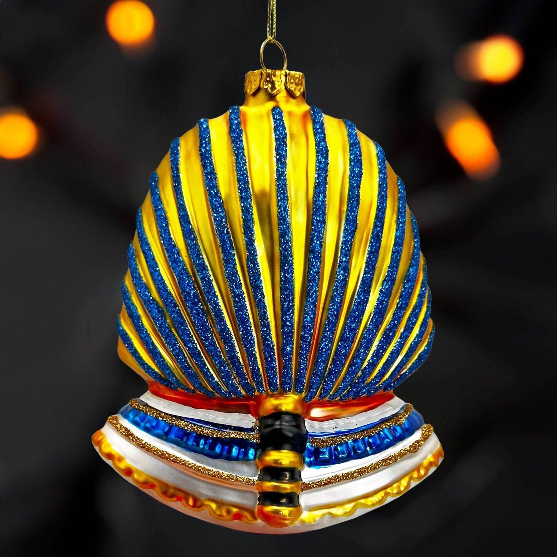 Evil Egyptian Pharoah Half Skull Head Glass Ornament, Gothic Halloween Tree Decor - 