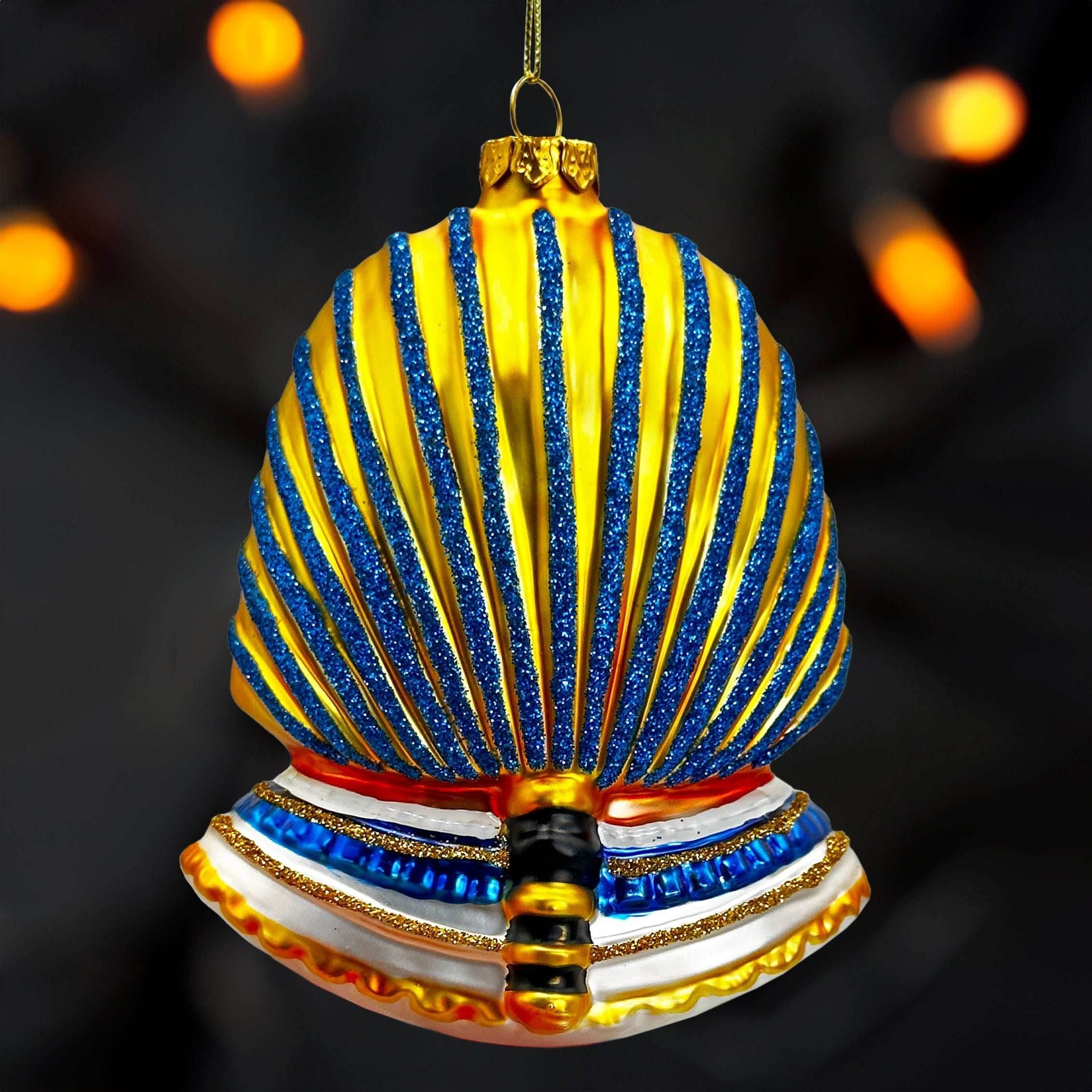 Evil Egyptian Pharoah Half Skull Head Glass Ornament, Gothic Halloween Tree Decor - 