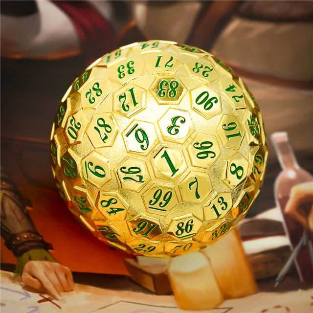 Golden Metal d100 w/ Green Numbers Dungeons and Dragons RPG - 