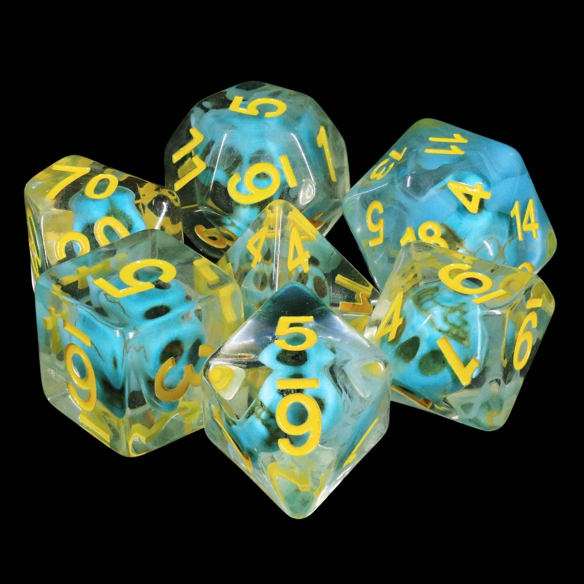Turquoise Treasure Skull Dice Blue/Yellow Halloween Resin 7-Dice - 