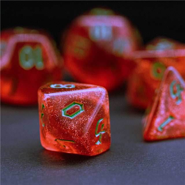 Strawberry Red Glitter Party Glitter Dice (Green font) 7-Dice Set RPG DND - 