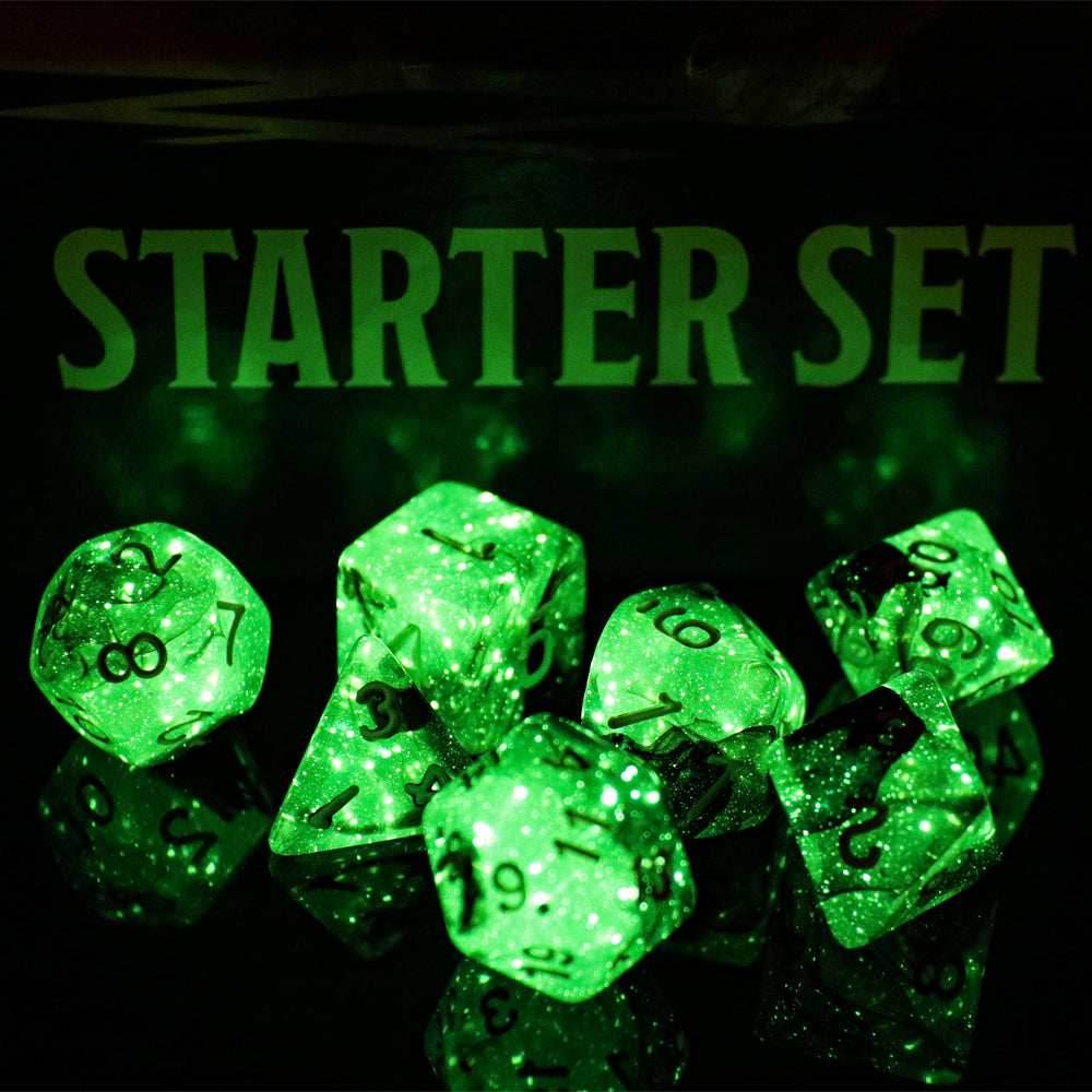 Stellar Explosion 7-Dice Set Black/Silver w/White Numbers Dnd Dice Set (Blacklight reactive) - 