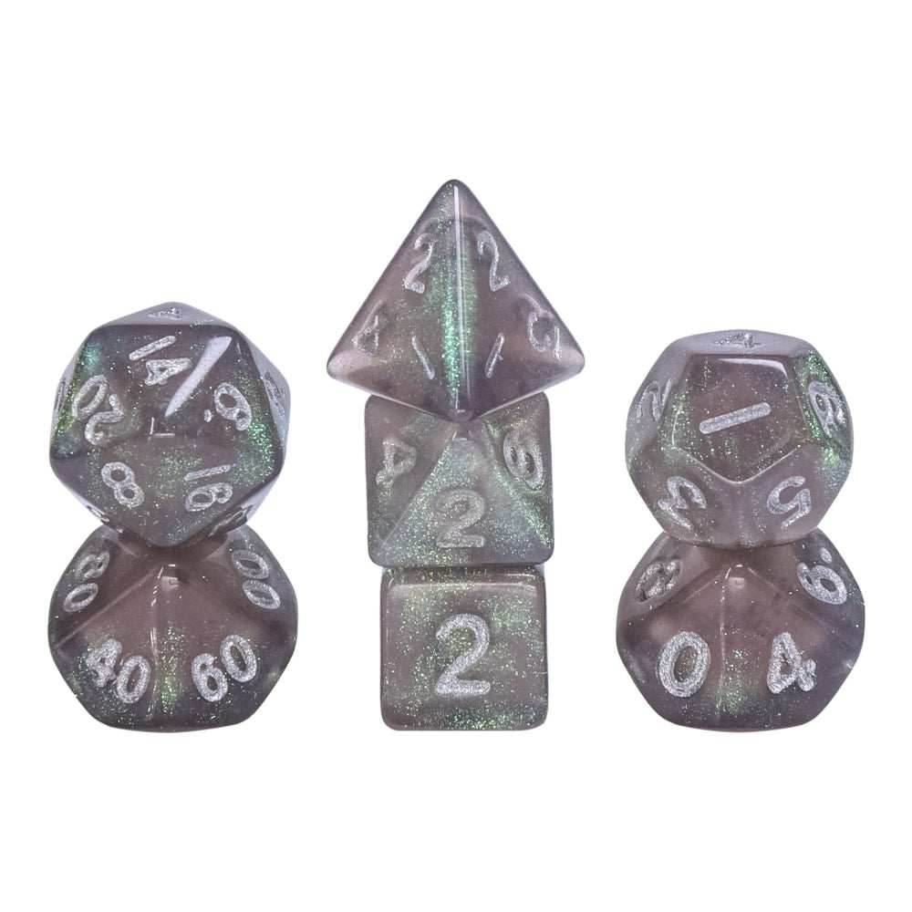 Grey Iridescent 7-Dice Mini-Dice RPG Set w/Silver Numbers Miniature Dice - 