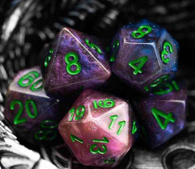Purple & Blue w/green Galaxy Glitter 7-Dice Set RPG - 