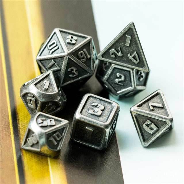 Silver Mini Metal Dice Ancient Effect | (10mm to 15mm) 7-Dice Udixi RPG - 