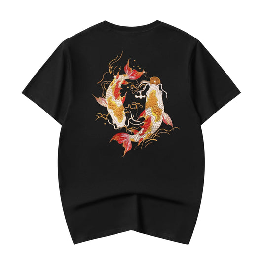 KH852 Golden Koi Fish Embroidery Tee - Black / S