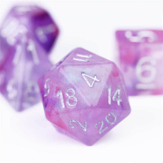 Resin Galaxy Purple 7-Dice Dnd Dice | Glitter w/Silver Numbers Set - 