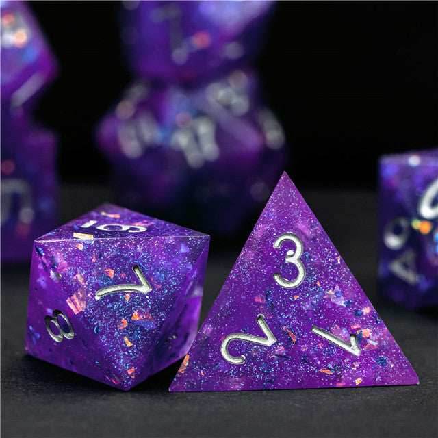 Purple Glitter Sharp Edge DND Dice Set | Gold Flake w/Silver Numbers - 