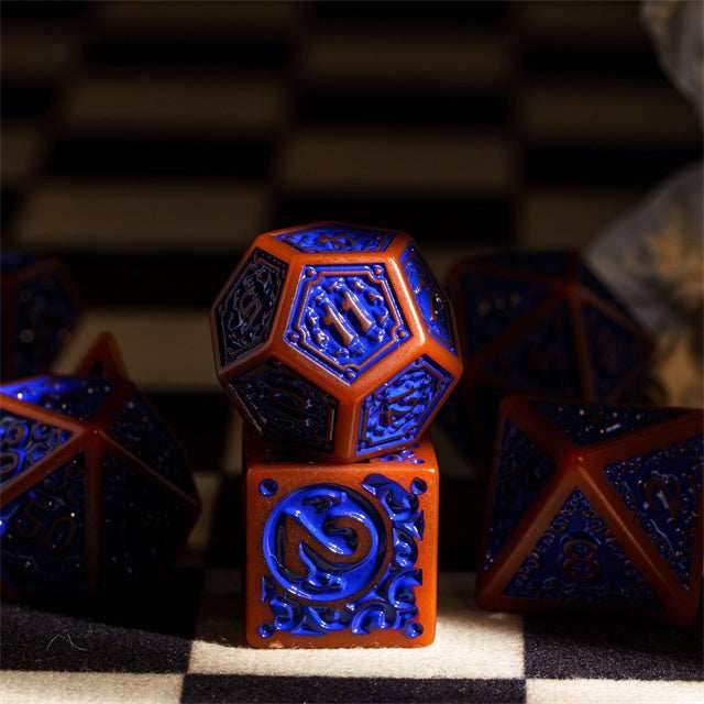 Burnt Orange with Blue Irregular Pattern Fill: 7-Piece Acrylic Dice Set - 