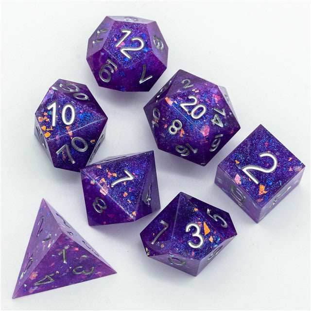 Purple Glitter Sharp Edge DND Dice Set | Gold Flake w/Silver Numbers - 