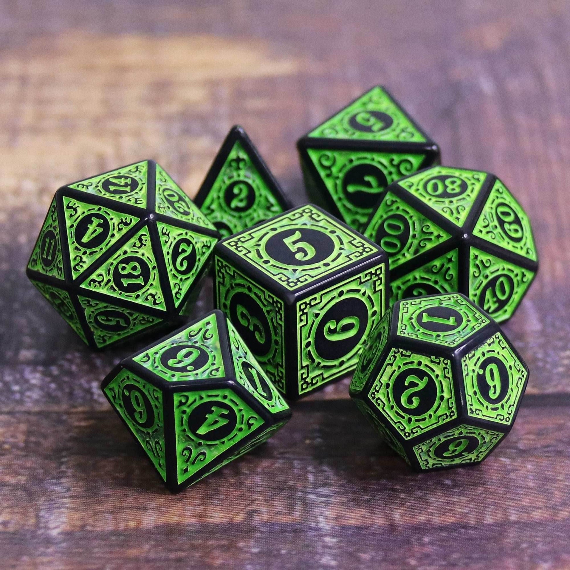 Green Magic Flame 7-Dice Set DND RPG Dice Black w/Color Fill - 