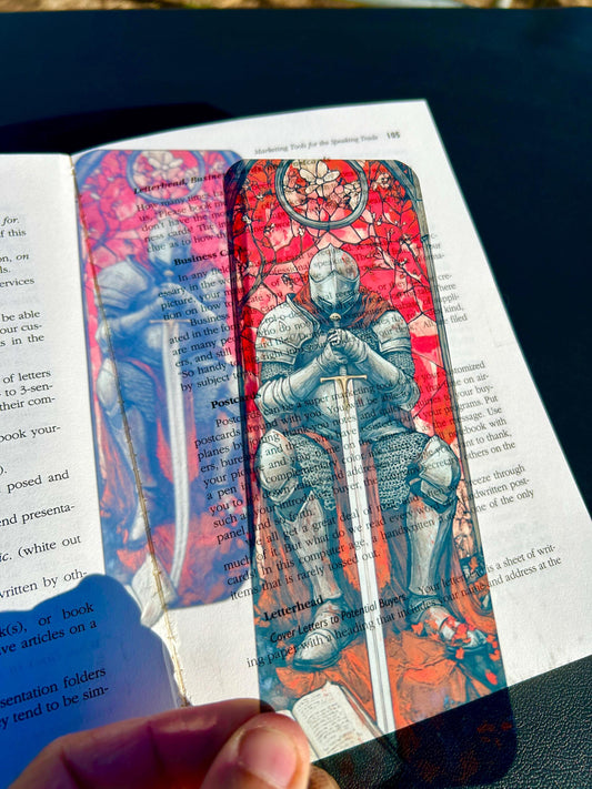 Medieval Knight Bookmark – Stained Glass Style Warrior Kneeling with Sword | Bookmark For Men