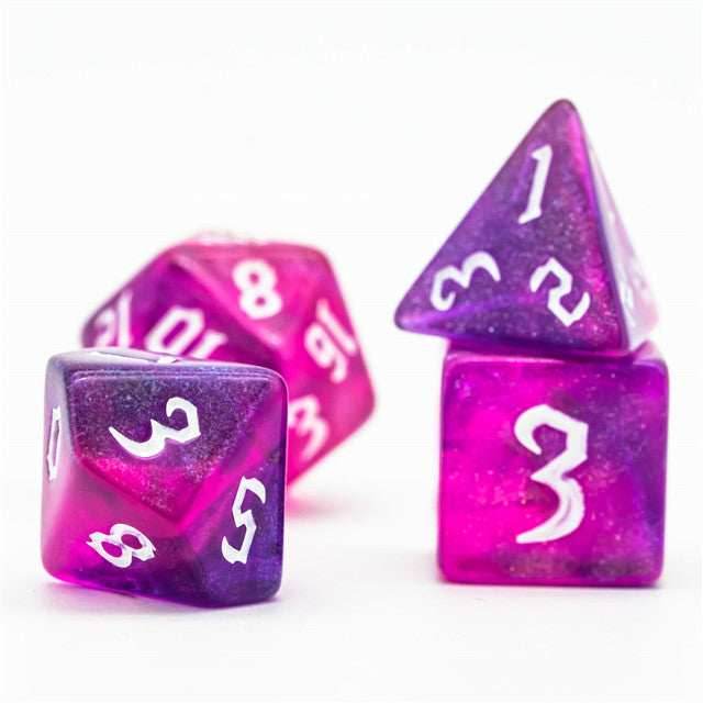 Purple + Red Glitter Party Dice (White font) 7-Dice Set RPG DND - 