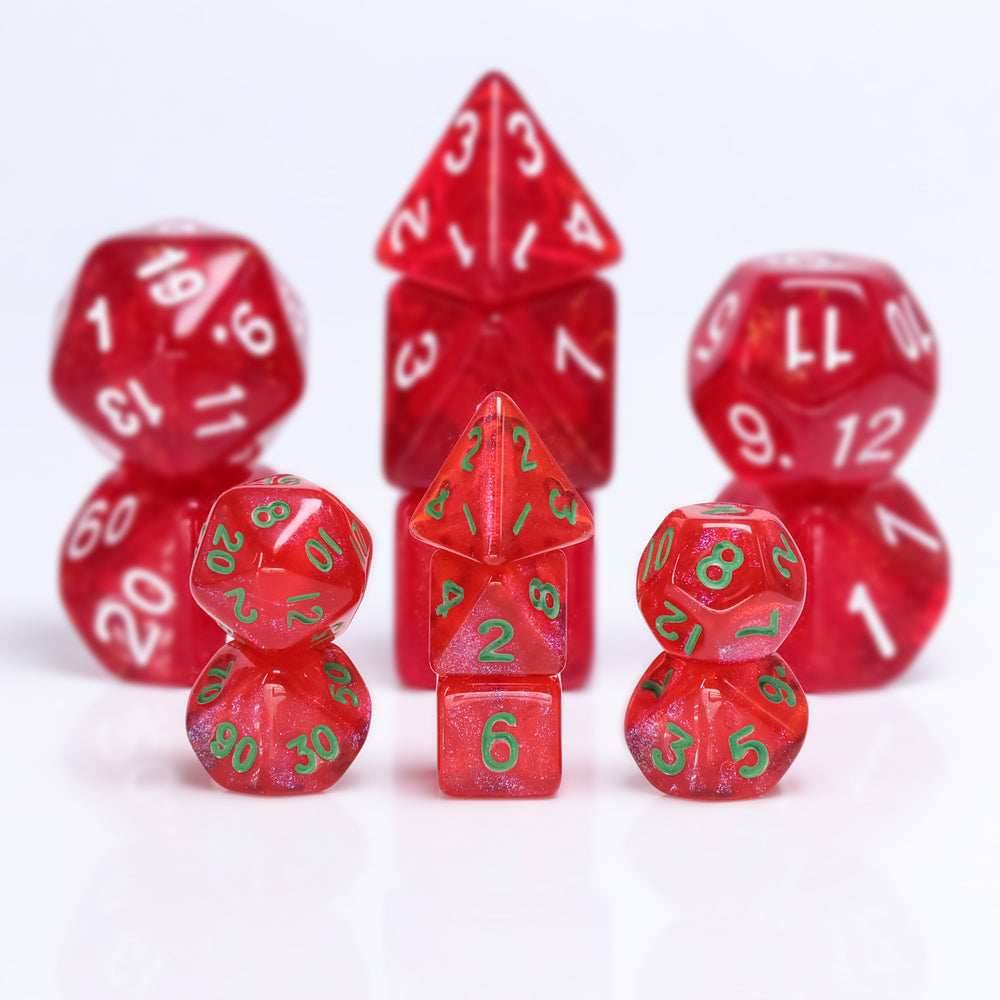 Glitter Red 7-Dice Mini-Dice RPG Set w/Green Numbers Miniature Dice - 