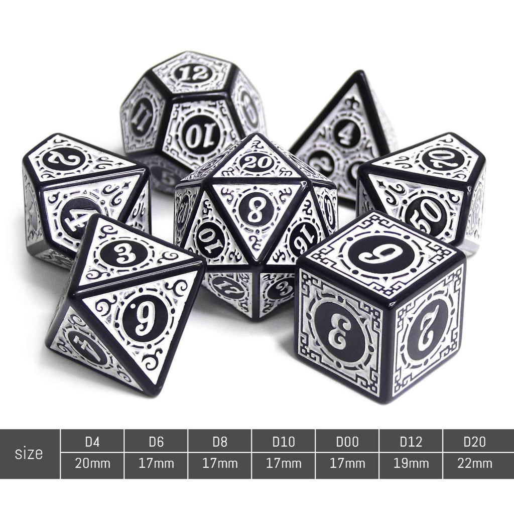 White Magic Flame 7-Dice Set DND RPG Dice Black w/Color Fill - 