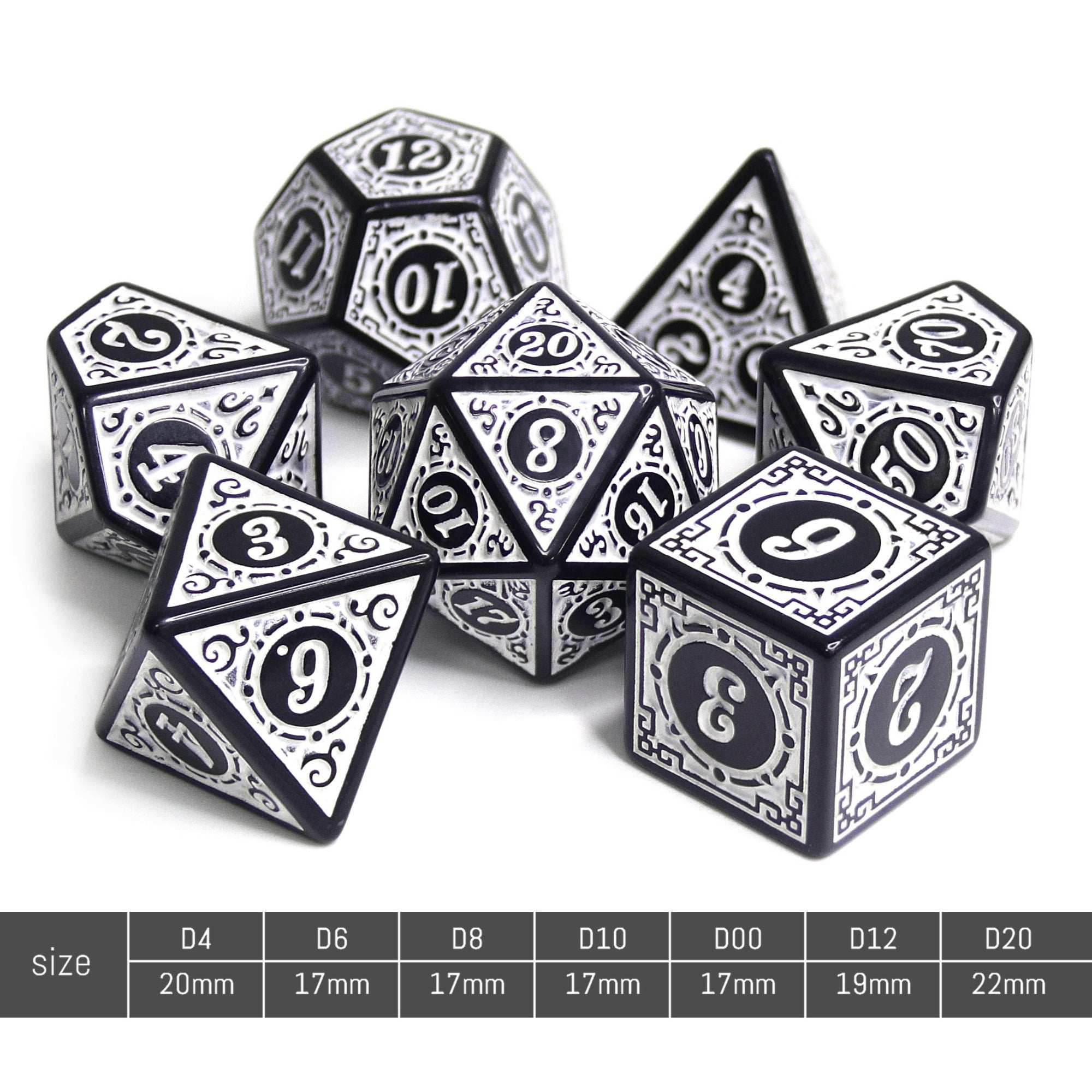 White Magic Flame 7-Dice Set DND RPG Dice Black w/Color Fill - 