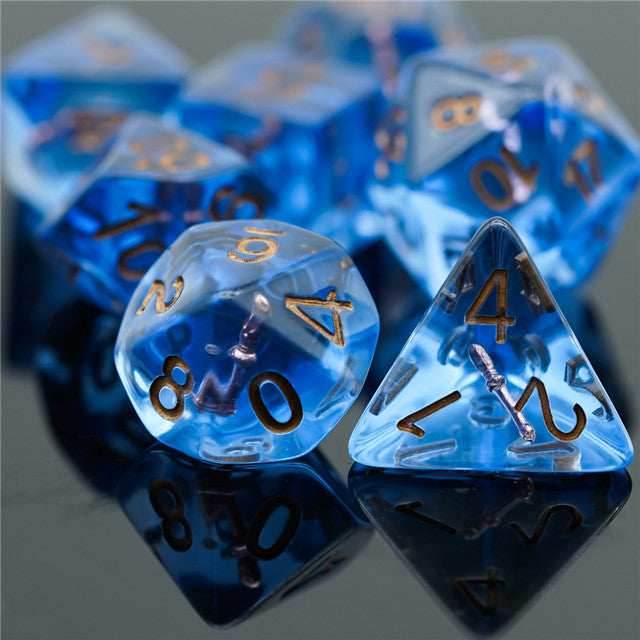 Wizard (Magic Wand) Clear Blue Dice w/ Golden Wand 7-Dice Set Rpg - 