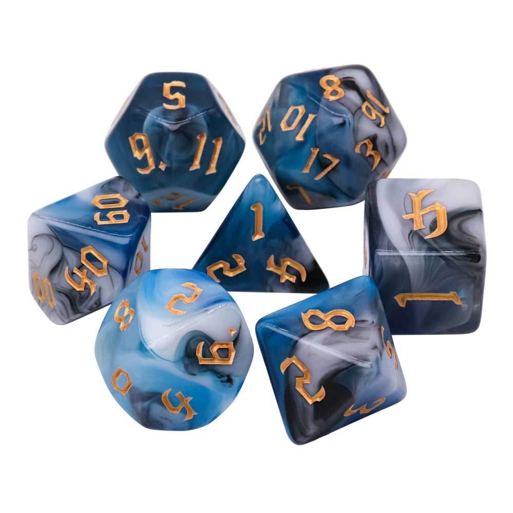 Blue Warrior 7-Dice Dnd Dice Blue | White w/Gold Numbers Set - 