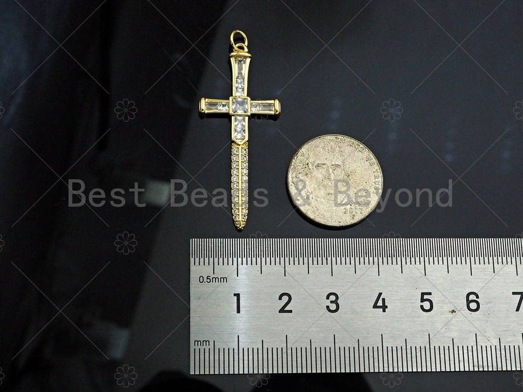 Gold Filled CZ Micro Pave Cross Sword Shape Pendan,18K Gold Filled Cross Charm, Necklace Bracelet Charm Pendant,18x43mm,Sku#Y460