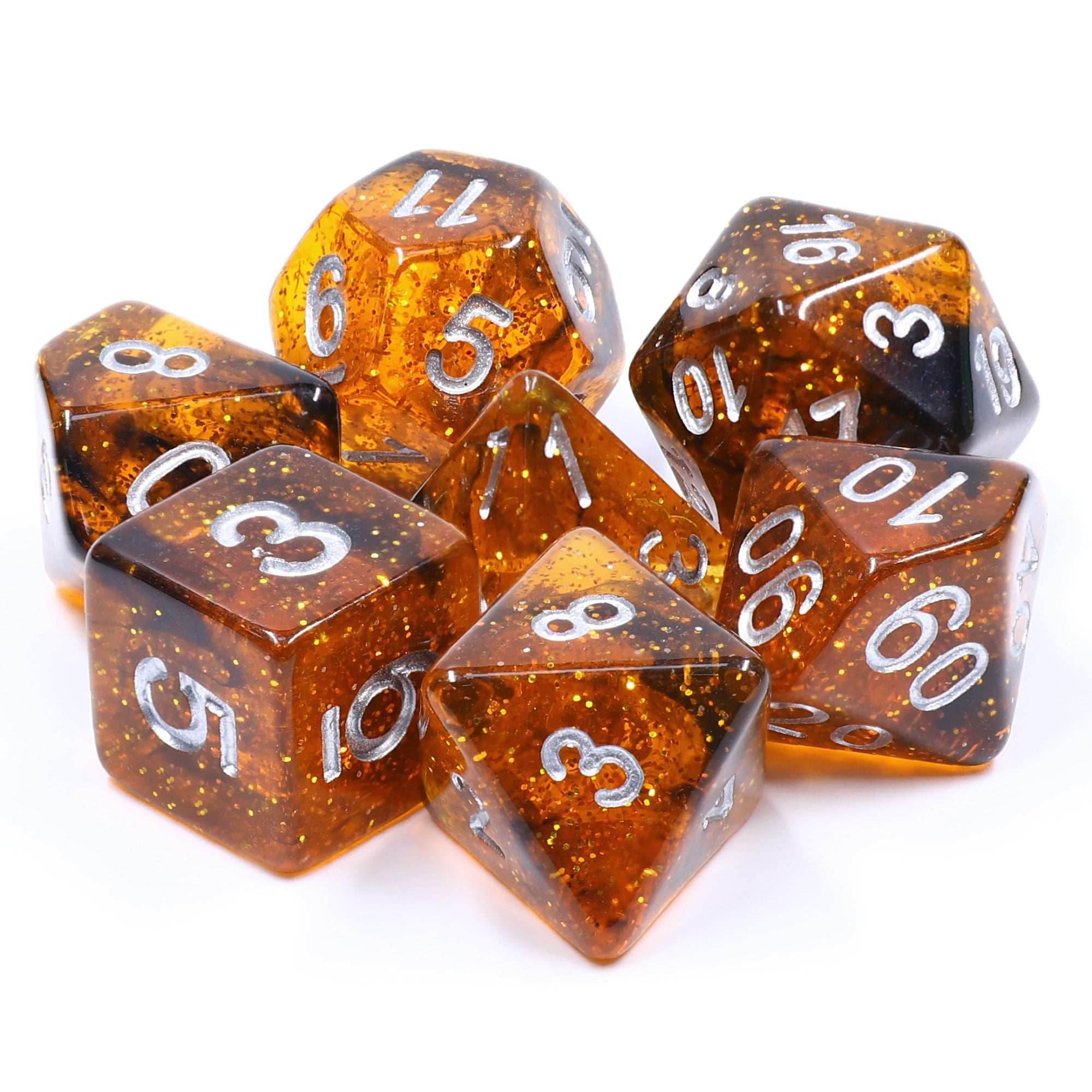 Orange w/ Black Swirl and Silver Ink 7-Dice Set DND RPG - 